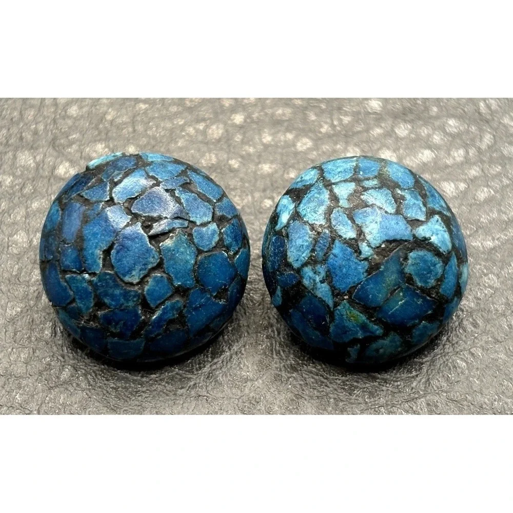 Vintage Made in India Blue Stone Chip Inlay Clip Earrings Boho Ethnic